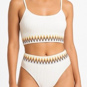 White Ribbed High‎ Waist Bikini Set Boho Zigzag Trim Two Piece Swimsuit Large